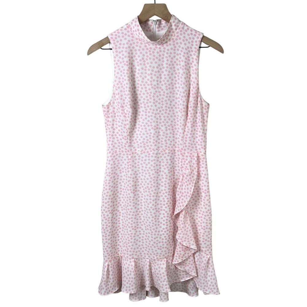 Betsey Johnson Womens 6 Pink White Polka Dot Sleeveless Ruffle Hem Mini Dress